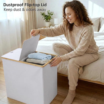 efluky Laundry Hamper with Lid, Double Laundry Basket with 2 Removable Bags, 2 Section Laundry Bin with Bamboo Handles for Bathroom, Bedroom & Laundry Room, 140L (36.9 Gallon) Light Grey