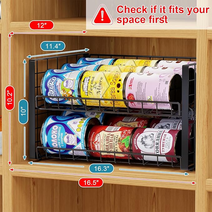 3-Pack Stackable Can Rack Organizer for Pantry, Adjustable Can Holder for Various Ounce of Cans up to 90, Rolling Can Dispenser for Canned Food Soup Goods Storage in Kitchen Cabniet, 2 Tier, Black