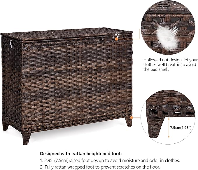 Laundry Hamper with 4 Removable Liner Bags; 176L Handwoven Rattan Laundry Basket with Lid & Heightened Feet; Clothes Hamper with Side Handles