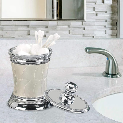 nu steel Fantasy Bathroom Vanity Countertop Storage Organizer Canister Jar for Cotton Swabs, Rounds, Balls, Makeup Sponges, Bath Salts - White Mop Finish