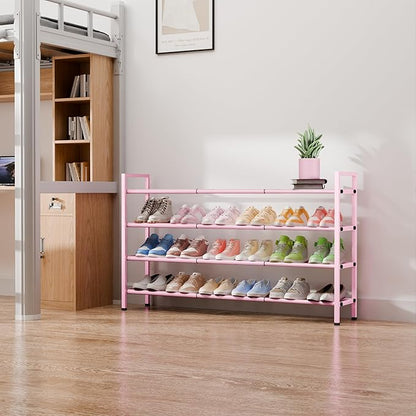 Bumusty 4-Tier Long Expandable Shoe Rack for Closet, 18"-44" Adjustable Shoe Rack for Entryway, 20-24Pairs Large Shoe Organizer Shelf Storage, Sturdy Metal, Black