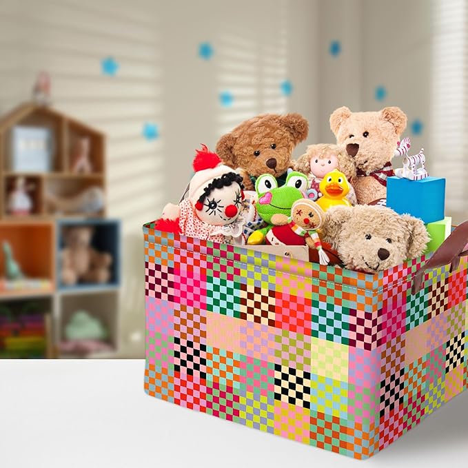 Colorful Checkered Storage Basket Waterproof Canvas Toy Storage Bin Checkered Home Decor Collapsible Outdoor Basket with Leather Handles Blanket Baskets For Closets,Bedrooms,Classroom,Gifts Baskets