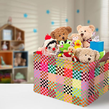 Colorful Checkered Storage Basket Waterproof Canvas Toy Storage Bin Checkered Home Decor Collapsible Outdoor Basket with Leather Handles Blanket Baskets For Closets,Bedrooms,Classroom,Gifts Baskets