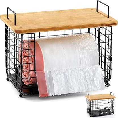 1 Pack Stackable Storage Trash Bag Baskets with Bamboo Top, Large & Standard Trash, Garbage Bag Holder Dispenser, Multiuse Basket for Kitchen Pantry Cabinet Counter Under Sink Laundry Organizing