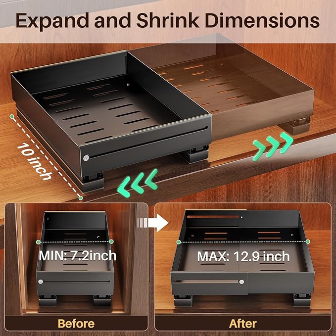 SNTD Pull Out Spice Rack for Upper Cabinet - Expandable Organizer with Smooth Ball Bearing Slides, No Drill Mounting Spice Storage for Kitchen (1 Pack, 7.2" to 12.9" W X 10" D X 2.2" H)