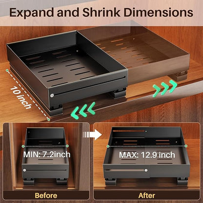 SNTD Pull Out Spice Rack for Upper Cabinet - Expandable Organizer with Smooth Ball Bearing Slides, No Drill Mounting Spice Storage for Kitchen (1 Pack, 7.2" to 12.9" W X 10" D X 2.2" H)