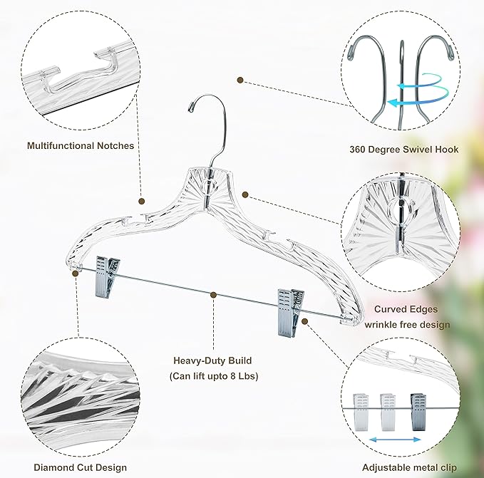 Quality Clear Plastic Skirt Hangers - 24 Pack Crystal Cut Pants Dress Durable Plastic Hanger Set with Adjustable Clips - Heavy Duty Hangers