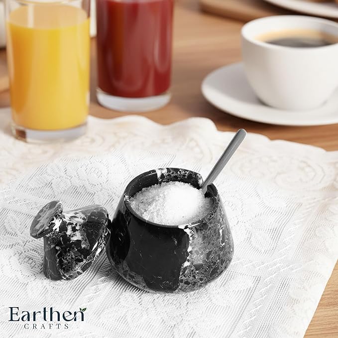 Marble Salt Cellar with Lid & Spoon Black 3" Inches Stone Salt Holder for Countertop, Salt and Spice Jar Salt Box Seasoning Containers, Kitchen Decor, 3 OZ Capacity