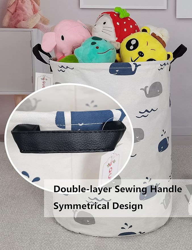 QUEENLALA Large Storage Basket,Laundry Hamper/Bathroom/Home Decor/Collapsible Round Storage Bin,Boys and Girls Hamper/Boxes/Clothing(Round-Blue Cute Whale)