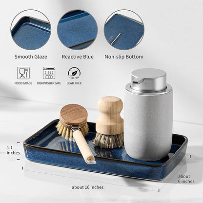 10"×6"×1" Bathroom Vanity Tray for Countertop- Ceramic Decorative Organizer Tray for Dresser Tops, Toilet, Perfume, Sponge Holder Soap Dish Dispenser for Kitchen Counter- Kiln-Transformed Blue