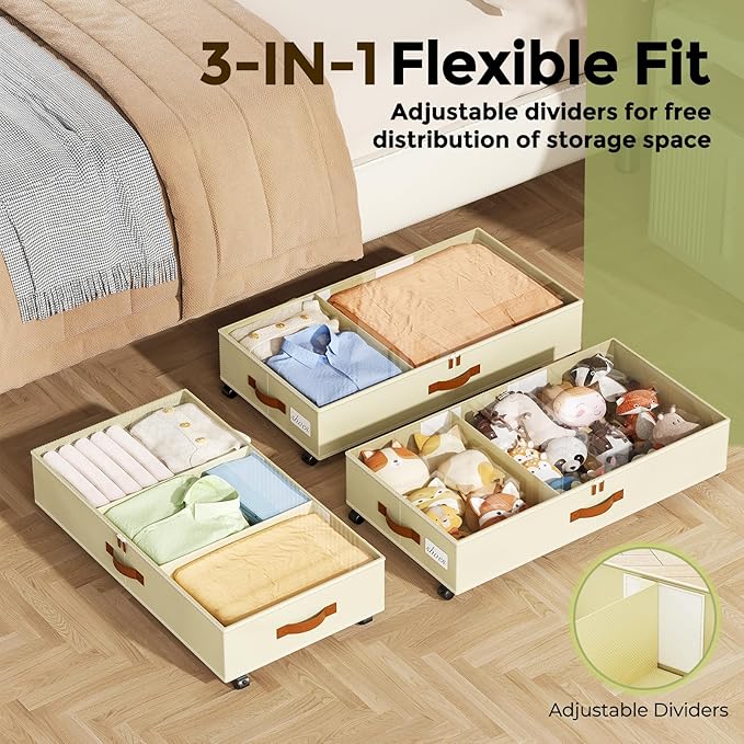 LAMU Under Bed Storage with Wheels, 2 Pack Under Bed Storage Containers with Clear Lids & Label, Rolling Under Bed Drawers for Clothes, Shoes, Blankets, Beige