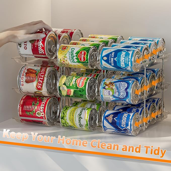 Stackable 3-Tier Can Organizer for Pantry & Fridge – Clear Auto-Rolling Rack Holds 36 Cans | Space-Saving Storage for Soda & Canned Food (3 Interlocking Sets)