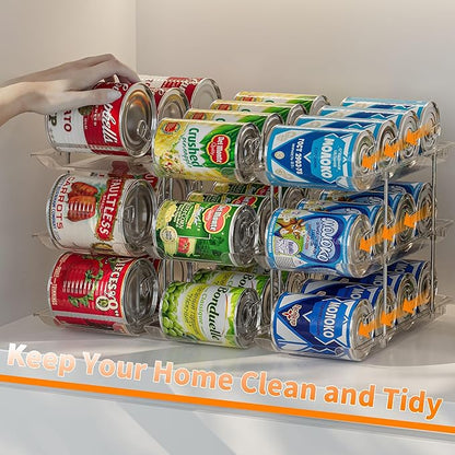 Stackable 3-Tier Can Organizer for Pantry & Fridge – Clear Auto-Rolling Rack Holds 36 Cans | Space-Saving Storage for Soda & Canned Food (3 Interlocking Sets)