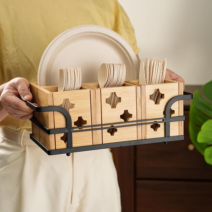 Silverware Caddy Wood Utensil Holder Silverware Utensil Caddy Cutlery Flatware Paper Plate Dispenser Organizer for Spoons Forks Plates Napkins (Star)