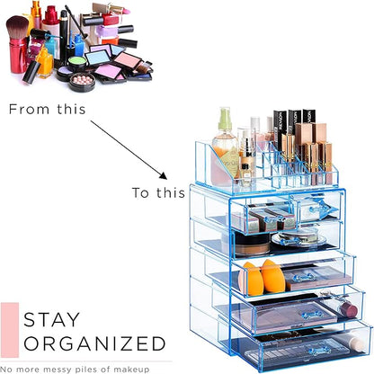 Sorbus Acrylic Makeup Organizer Set, 6-Drawer Vanity & Countertop Cosmetic Storage with Small & Wide Compartments, Blue Brilliance Makeup Storage for Brushes, Jewelry – Holiday Gift for Women & Teens