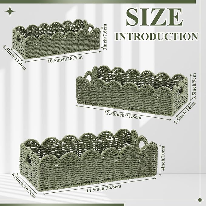 Boao 3 Pcs Boho Storage Wicker Baskets Handmade Woven Decorative Paper Rope Baskets for Organizing with Handle Countertop Toilet Paper Storage Container for Toilet Tank Top(Green,Fan-shaped)