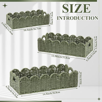 Boao 3 Pcs Boho Storage Wicker Baskets Handmade Woven Decorative Paper Rope Baskets for Organizing with Handle Countertop Toilet Paper Storage Container for Toilet Tank Top(Green,Fan-shaped)