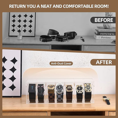 Acrylic Belt Organizer with Dust Cover – Clear Belt Rack & Storage Box, 7-Compartment Belt Holder for Closet, Drawer or Wall Mount – Space Saving Tie & Accessory Organizer for Men & Women