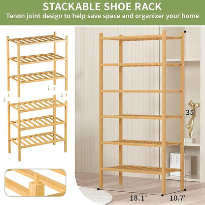 ROMGUAR CRAFT 6-Tier Bamboo Small Shoe Rack, Free Standing Wood Shoe Shelf Storage Organizer for Closet Entryway Stackable (Natural)