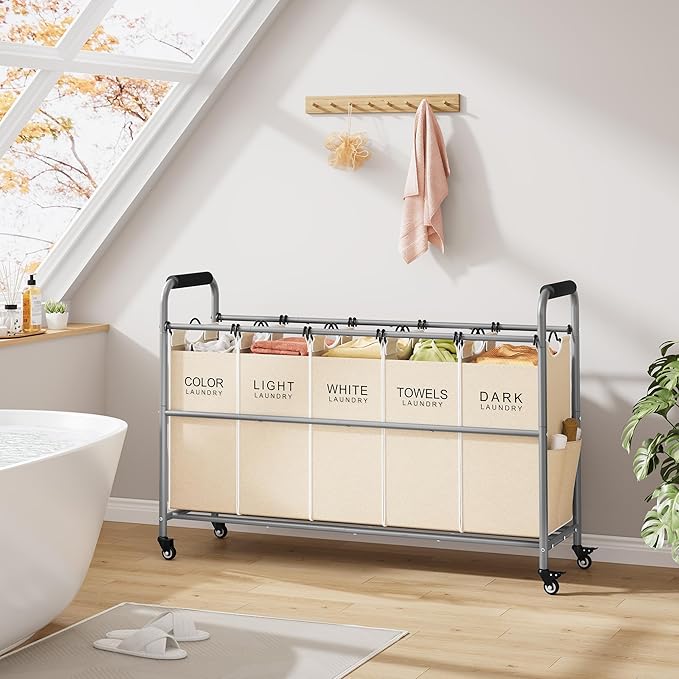 Tajsoon Laundry Sorter 5 Sections, Laundry Hamper with Heavy Duty Lockable Wheels and Removable Bags, 5 Bag Rolling Laundry Sorter Cart for Dirty Clothes Storage, Laundry Separator Hamper, Beige