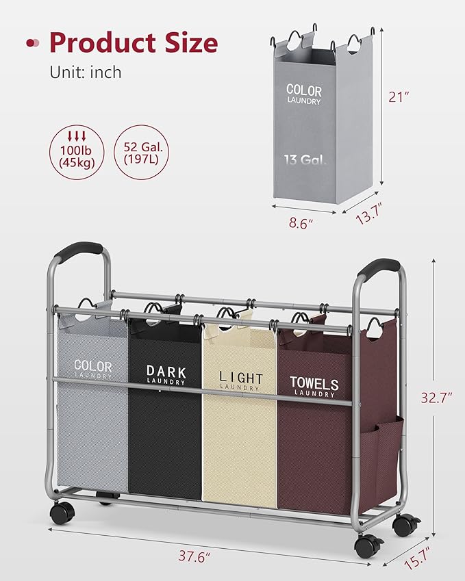 Tajsoon Laundry Sorter 4 Sections, Laundry Separator Hamper with Heavy Duty Lockable Rolling Wheels, Laundry Divider with Removable Bags for Dirty Clothes Storage, 4 Colors
