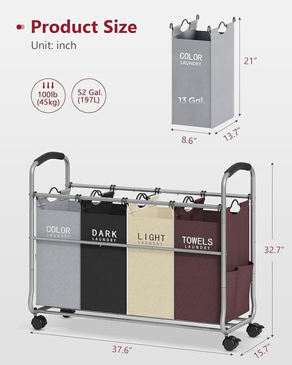 Tajsoon Laundry Sorter 4 Sections, Laundry Separator Hamper with Heavy Duty Lockable Rolling Wheels, Laundry Divider with Removable Bags for Dirty Clothes Storage, 4 Colors