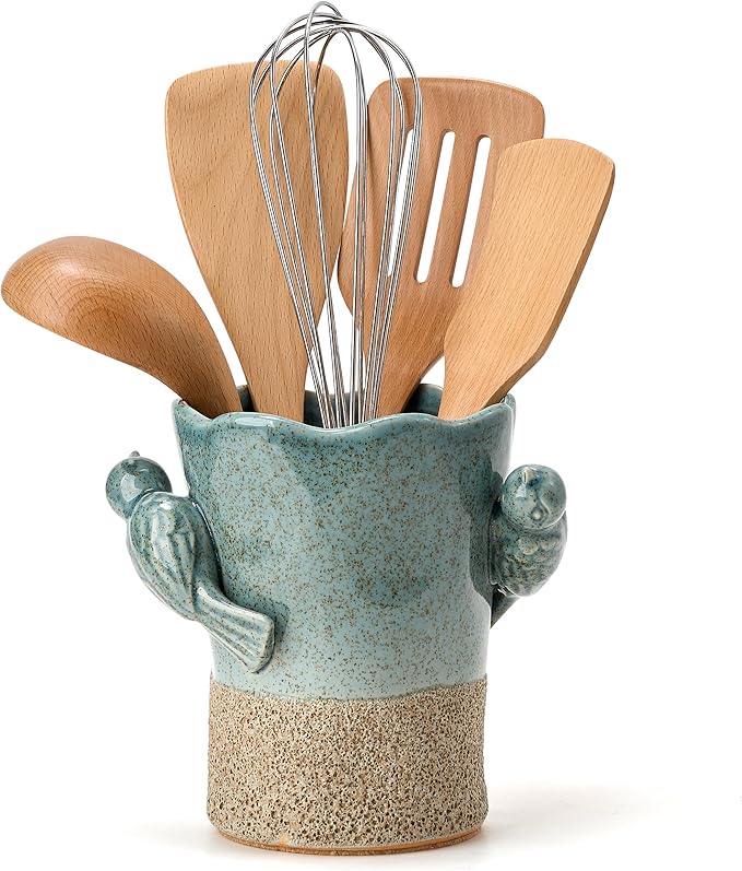 6.38“H Utensil Holder for Kitchen Counter, Modern Farmhouse Cooking Utensil Holder and Crock Home Kitchen Decor, Ceramic Utensil Organizer for Spatula, Ladle, Eggbeater, Rolling Pin- Blue and Brown