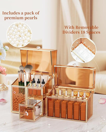 Youdepot Extra Large Makeup Organizer, Glass Cosmetic Storage with Drawers, Stackable Makeup and Jewelry Organizer for Vanity Table, Bathroom Countertop, Skincare, Lipsticks, Perfume, Brushes