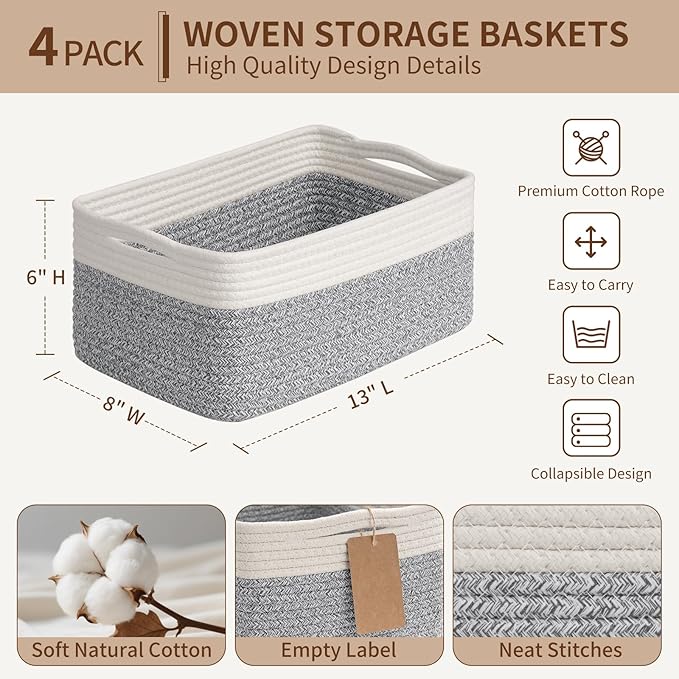 Goodpick 4 Pack Storage Baskets for Shelves, Rectangle Woven Baskets for Organizing, Decorative Closet Bins with Handles, Shelf Basket for Baby Toy Storage, 13''L x 8''W x 6''H, Gray & White