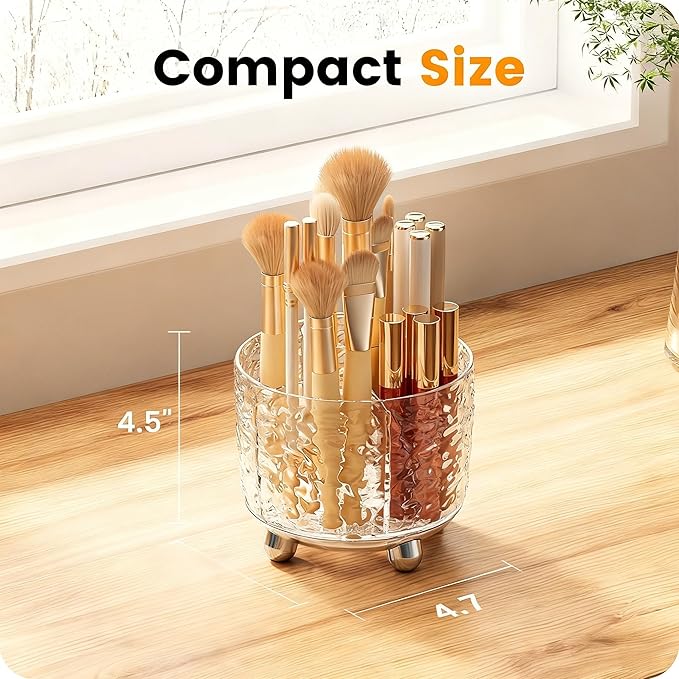 A-LuGei 【Crystal Design 𝟰.𝟳" Makeup Brush Holder Organizer, 𝟯𝟲𝟬° Rotating Makeup Organizer, 6 Slot Makeup Organizer Countertop, Vanity Organzier, Pen Holder for Desk Office Bathroom Desktop