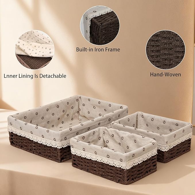 Woven Paper Rope Storage Basket Set with Handles & Liners,Set of 3- Cube Organizers Basket for Drawers, Shelves & Closets, Decorative Home Storage