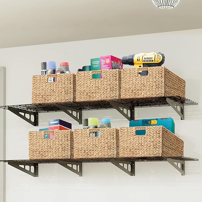 eHemco Extra Large Woven Hyacinth Wicker Storage Baskets with Iron Wire Frame, 16.1"x12.6"x9.5", Natural, Set of 6