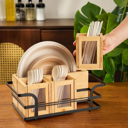 Silverware Caddy Wood Utensil Holder Silverware Utensil Caddy Cutlery Flatware Paper Plate Dispenser Organizer for Spoons Forks Plates Napkins (Acrylic)