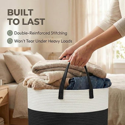 JMvicyroam 115L Extra Large Blanket Basket for Living Room - Woven Cotton Rope Laundry Hamper with Reinforced Handles - Storage Bin for Pillows, Comforters & Toys - Machine Washable,White&Black