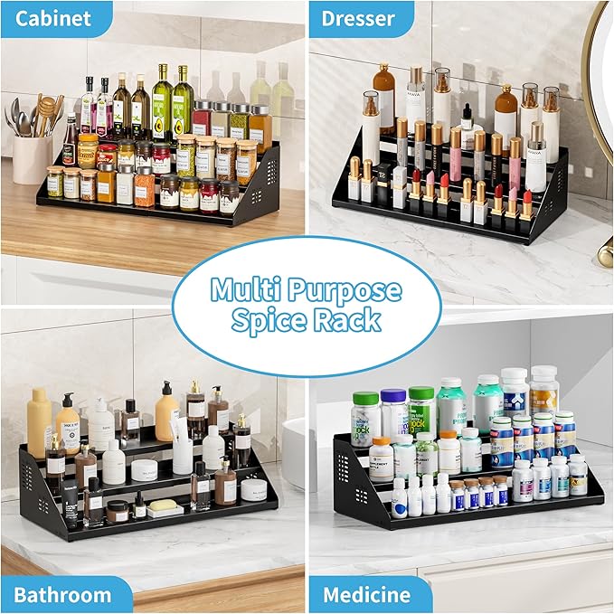 BOIVSHI Spice Organizer, Spice Rack for Expandable 3-Tier, Spice Organization for Cabinet Expandable Width and Adjustable Height, Seasoning Organizer for Cabinet, Countertop, Pantry, Black