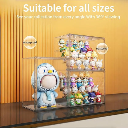 Acrylic Collectible Display Box Transparent Figure Display Box, with Magnetic Door, Stackable Design Dustproof Mini Figure Display Stand Display Organizer Countertop with Adjustable Shelves