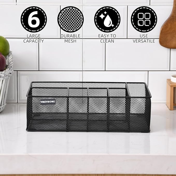 VIKEYHOME Paper Plate Organizer for Countertop, Metal Silverware Caddy with 6 Compartments for Cup, Napkin, Utensil Holder Caddy for Party, Camping, Picnic