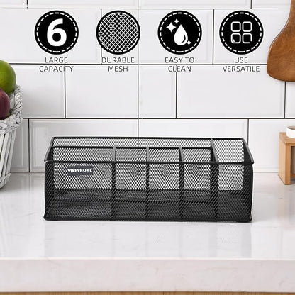 VIKEYHOME Paper Plate Organizer for Countertop, Metal Silverware Caddy with 6 Compartments for Cup, Napkin, Utensil Holder Caddy for Party, Camping, Picnic