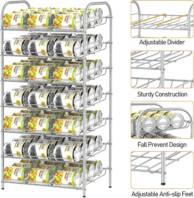 DOMYDEVM Can Rack Storage Organizer, 7 Tier Canned Goods Organizer, Silver Beverage Soda Holder Holds up to 84 Can, Can Drink Storage Organizer for Pantry Kitchen