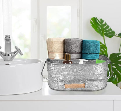 Goroly Home Galvanized Metal Caddy Storage Bin with Wooden Handle, 4 Compartments, Rustic Farmhouse Decor for Kitchen, Garden, Patio, Laundry Room (Antique Grey)