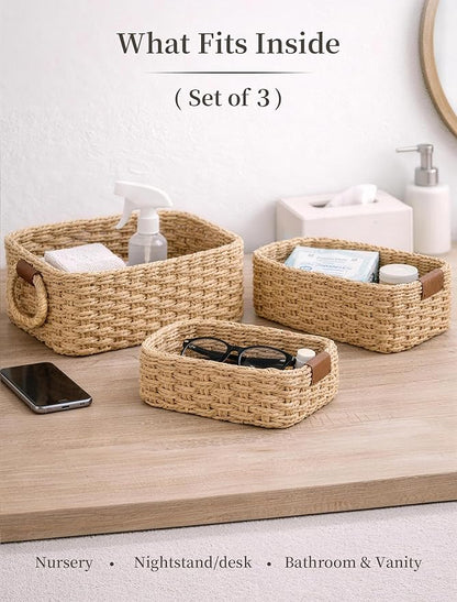 Storage Basket, Recycled Paper Rope Basket Organizer, 3Pcs Small Baskets for Organizing, Mini wicker Basket for Decorative Storage Bins, Shelves, Cabinet - Brown