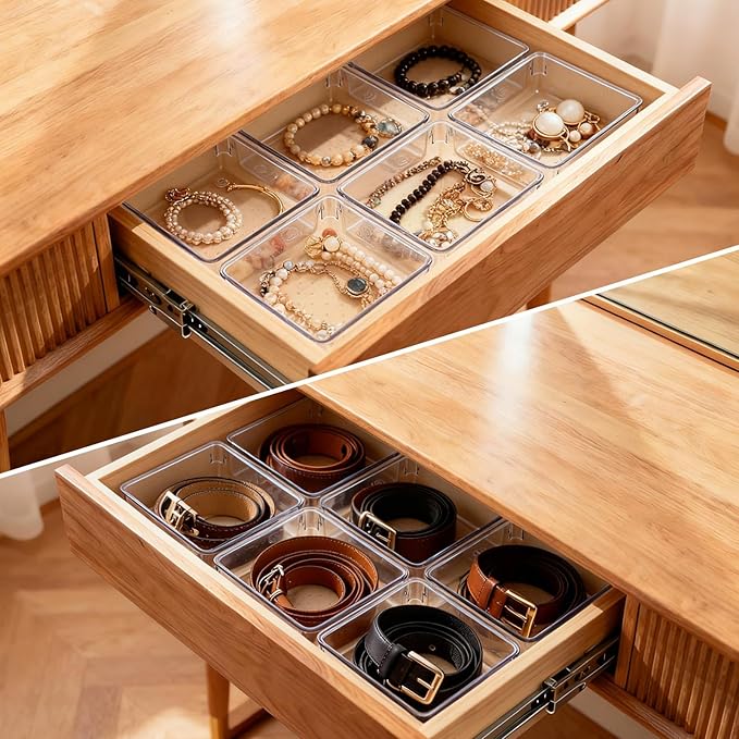 6 Pcs Large Clear Plastic Drawer Organizers Tray 6" x 6" Storage Bins with 25 Pcs Non-Slip Pads for Makeup, Jewelries, Kitchen Utensils, Bathroom and Office