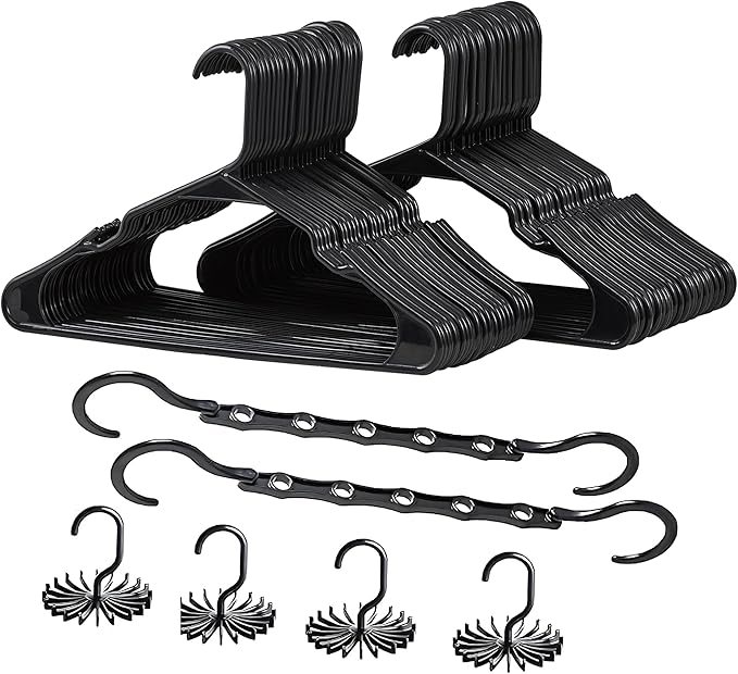 VECELO 50 Pack Plastic Hangers-Clothes Hangers Set with Shoulder Non Slip Notches for Closet Space Saving-Heavy Duty Coat Hanger,Black