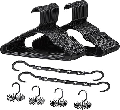 VECELO 50 Pack Plastic Hangers-Clothes Hangers Set with Shoulder Non Slip Notches for Closet Space Saving-Heavy Duty Coat Hanger,Black