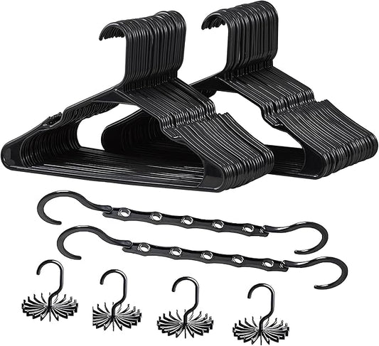 VECELO 50 Pack Plastic Hangers-Clothes Hangers Set with Shoulder Non Slip Notches for Closet Space Saving-Heavy Duty Coat Hanger,Black