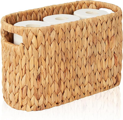 FairyHaus Wicker Toilet Paper Storage Basket with Buit-in Handles, 6 Rolls Natural Water Hyacinth Toilet Paper Holder Stand with Storage, Freestanding Handwoven Toilet Paper Holder Basket for Bathroom