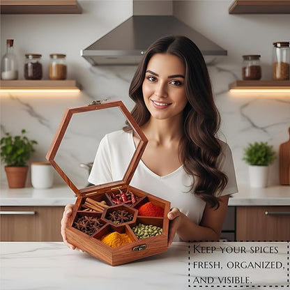 Wooden Spice Box, Masala Container, Condiments Storage Case for Kitchen, Multipurpose Decorative Box - Indian Rosewood Crafted