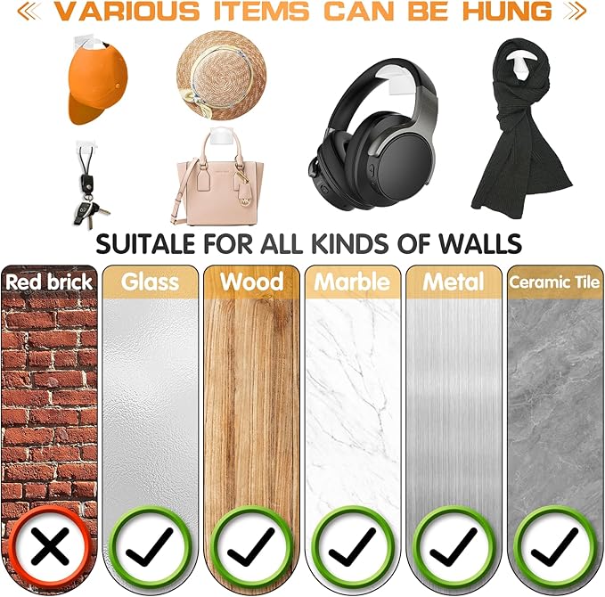 Adhesive Hat Hooks for Wall (12 PCS) - Hat Racks for Baseball Caps, Minimalist Hat Rack Design, Strong Hold Hat Hangers, No Drilling, Hat Holder Organizer for Wall (White)
