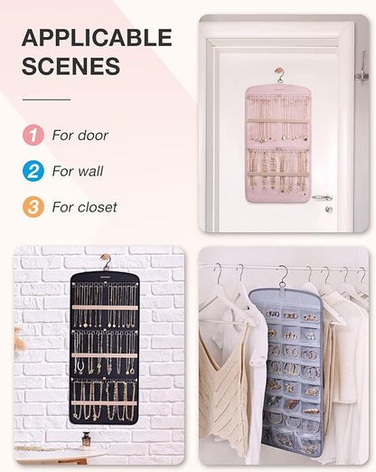 BAGSMART Hanging Jewelry Organizer, Necklace Holder Anti-tangle Earrings Rings Hanger with 20 Jewelry Bags Travel Storage Roll with Pockets Hang on Closet, Wall, Door,1 Piece, Large Pink