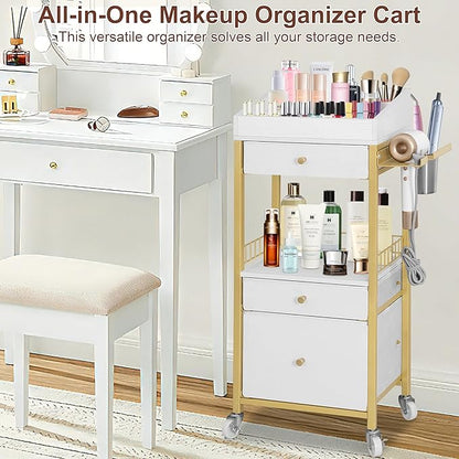 Makeup Organizer Cart with 3 Drawers, Rolling Vanity Organizer with Adjustable Dividers, Detachable Hair Tool Holder, Lockable Wheels for Small Spaces, Gold & White